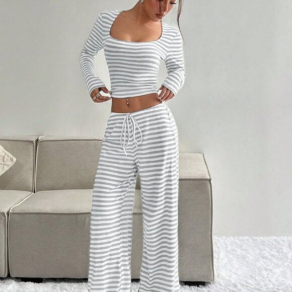 Casual Women's Striped Long Sleeve Top & Front Tie Pants Set lounge comfy - Picture 5 of 6